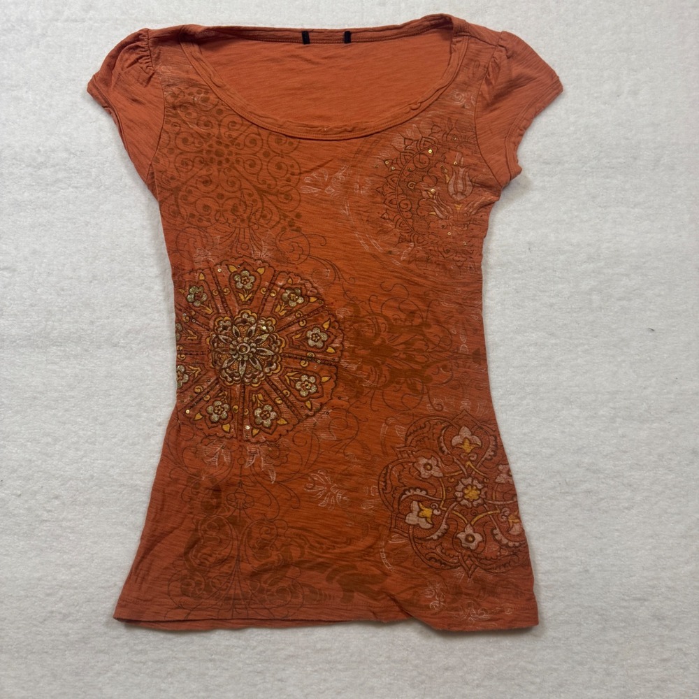 Ginger Orange Mandala Graphic Sequin Cap Sleeve T-Shirt Size M Y2K Vintage